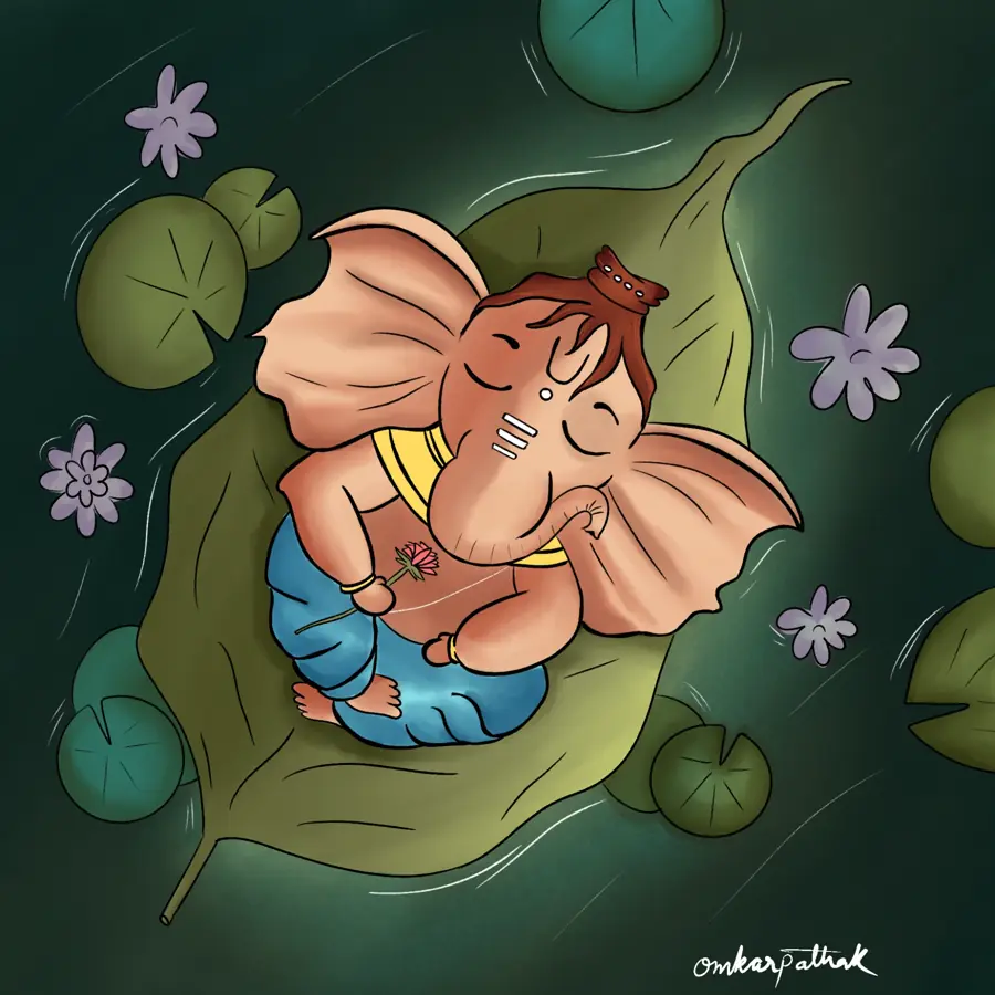 Illustration of Ganpati sleeping on a leaf